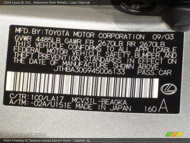 Millennium Silver Metallic / Light Charcoal 2004 Lexus ES 330