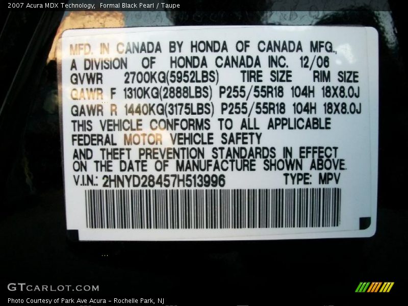Formal Black Pearl / Taupe 2007 Acura MDX Technology