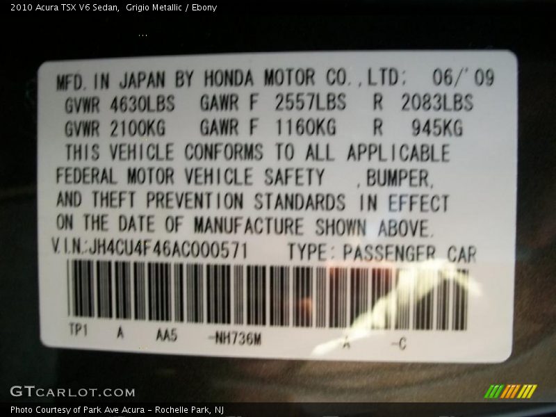 2010 TSX V6 Sedan Grigio Metallic Color Code NH736M