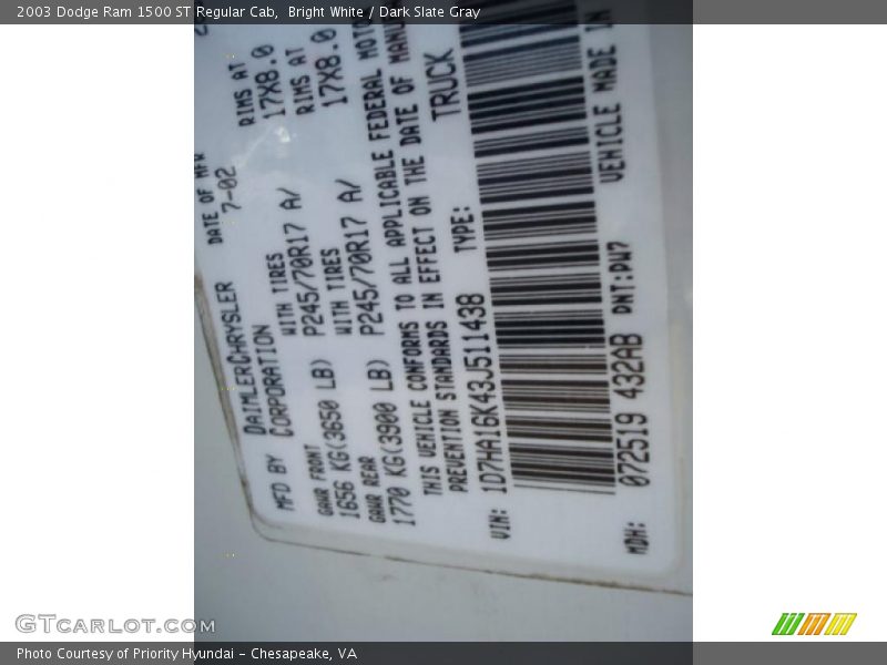 Bright White / Dark Slate Gray 2003 Dodge Ram 1500 ST Regular Cab