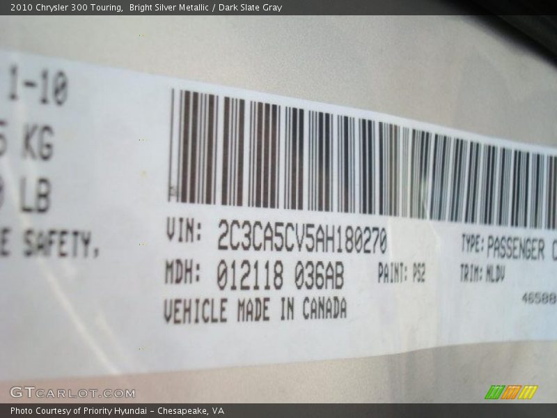 Bright Silver Metallic / Dark Slate Gray 2010 Chrysler 300 Touring