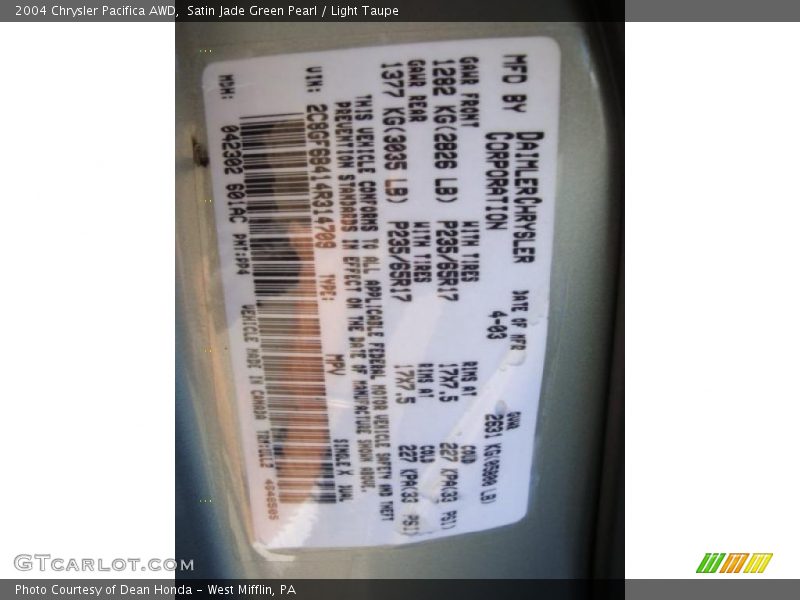 Satin Jade Green Pearl / Light Taupe 2004 Chrysler Pacifica AWD