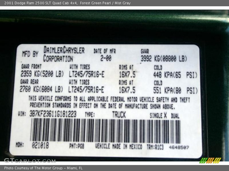 Forest Green Pearl / Mist Gray 2001 Dodge Ram 2500 SLT Quad Cab 4x4