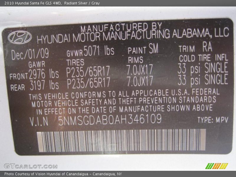 Radiant Silver / Gray 2010 Hyundai Santa Fe GLS 4WD