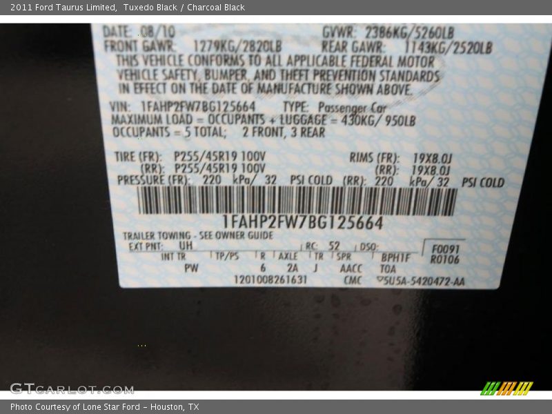 Tuxedo Black / Charcoal Black 2011 Ford Taurus Limited