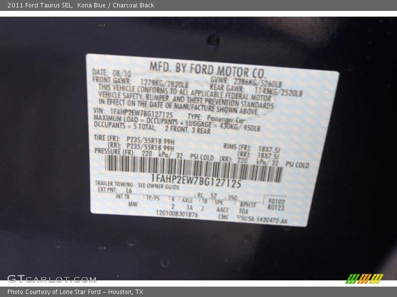 Kona Blue / Charcoal Black 2011 Ford Taurus SEL
