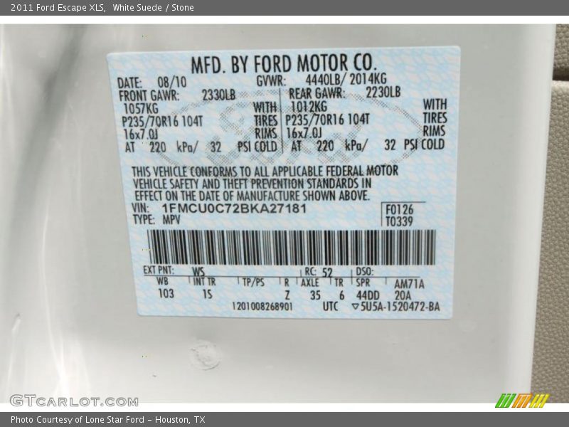 White Suede / Stone 2011 Ford Escape XLS