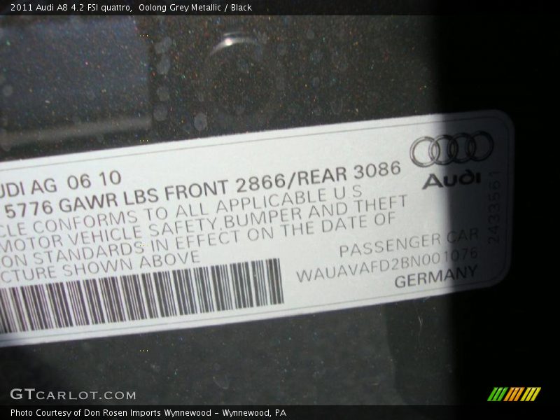 Oolong Grey Metallic / Black 2011 Audi A8 4.2 FSI quattro