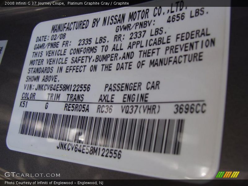 Platinum Graphite Gray / Graphite 2008 Infiniti G 37 Journey Coupe
