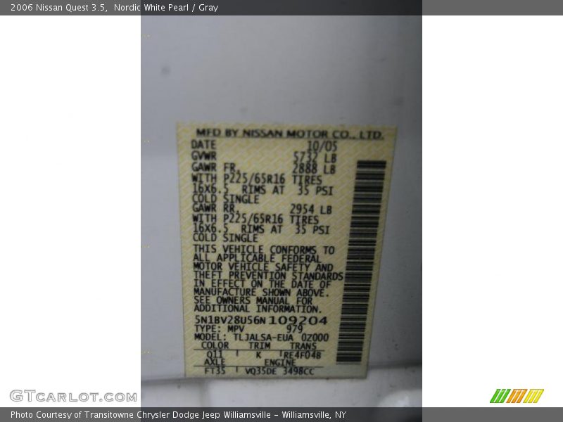 Nordic White Pearl / Gray 2006 Nissan Quest 3.5