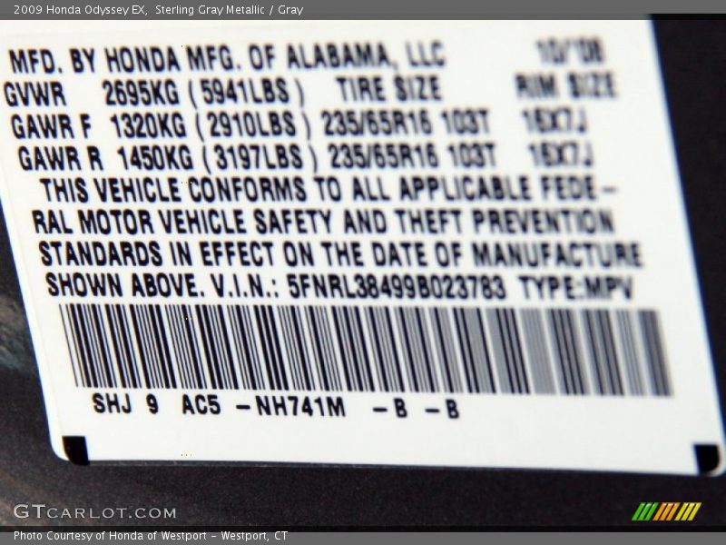 Sterling Gray Metallic / Gray 2009 Honda Odyssey EX