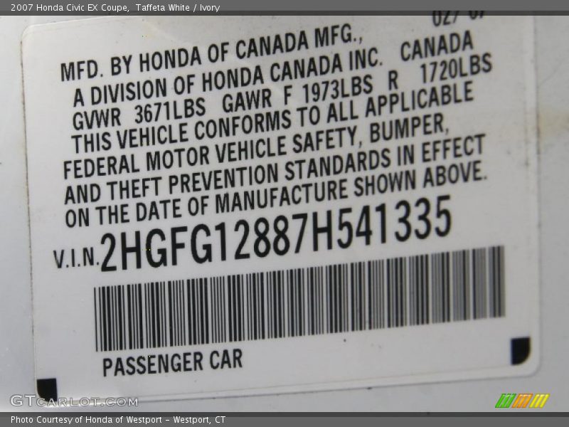 Taffeta White / Ivory 2007 Honda Civic EX Coupe