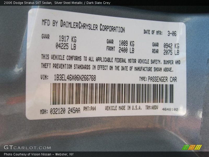 Silver Steel Metallic / Dark Slate Grey 2006 Dodge Stratus SXT Sedan