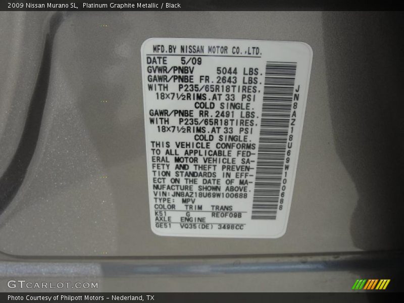 Platinum Graphite Metallic / Black 2009 Nissan Murano SL