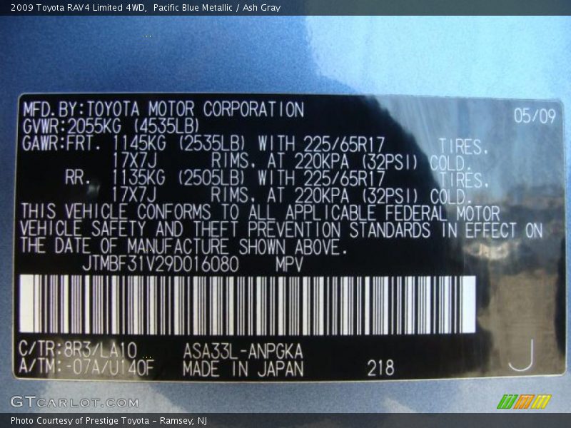 Pacific Blue Metallic / Ash Gray 2009 Toyota RAV4 Limited 4WD