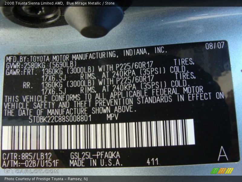 Blue Mirage Metallic / Stone 2008 Toyota Sienna Limited AWD