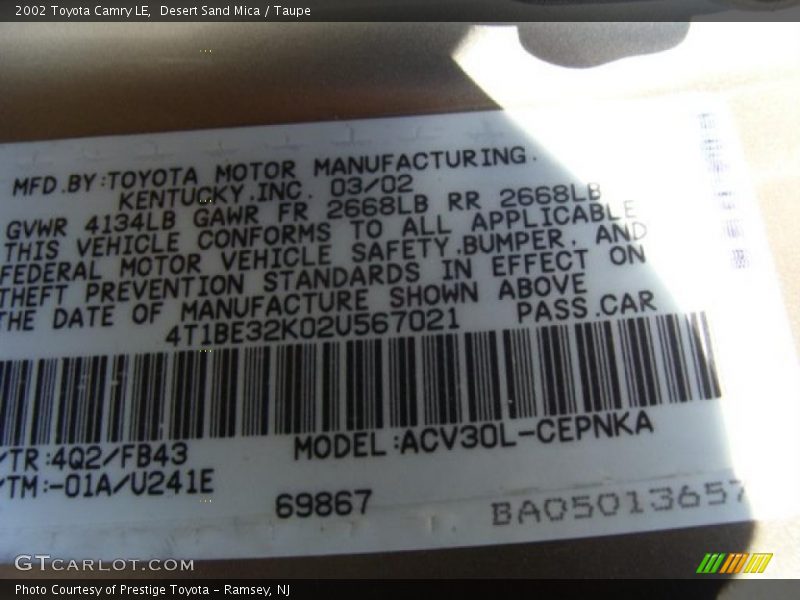 Desert Sand Mica / Taupe 2002 Toyota Camry LE