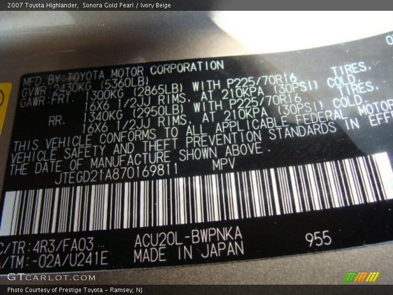 Sonora Gold Pearl / Ivory Beige 2007 Toyota Highlander