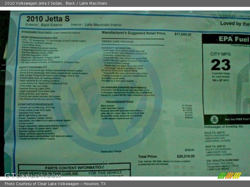 Black / Latte Macchiato 2010 Volkswagen Jetta S Sedan