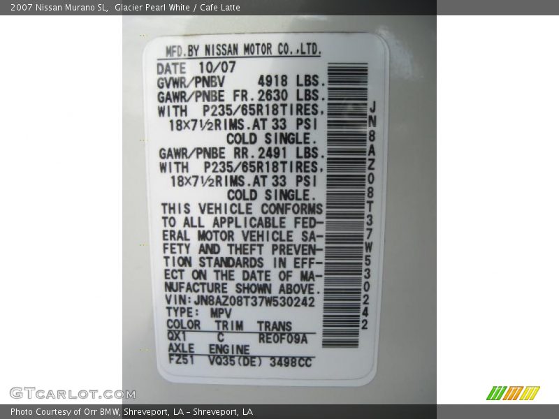 Glacier Pearl White / Cafe Latte 2007 Nissan Murano SL