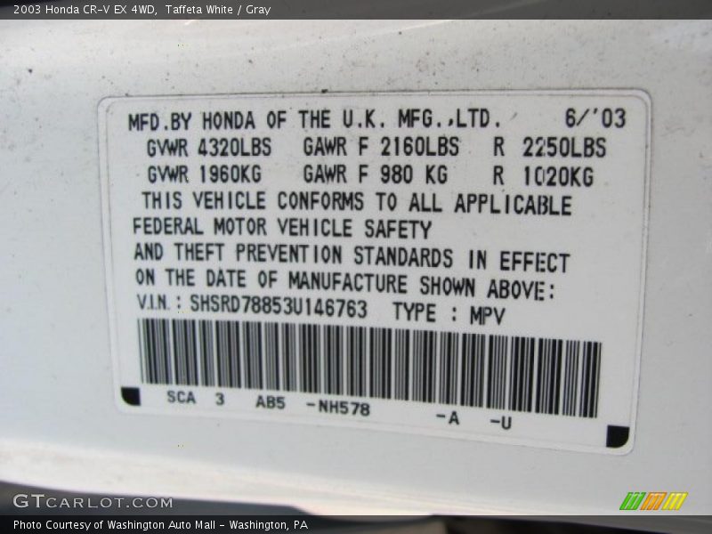 Taffeta White / Gray 2003 Honda CR-V EX 4WD