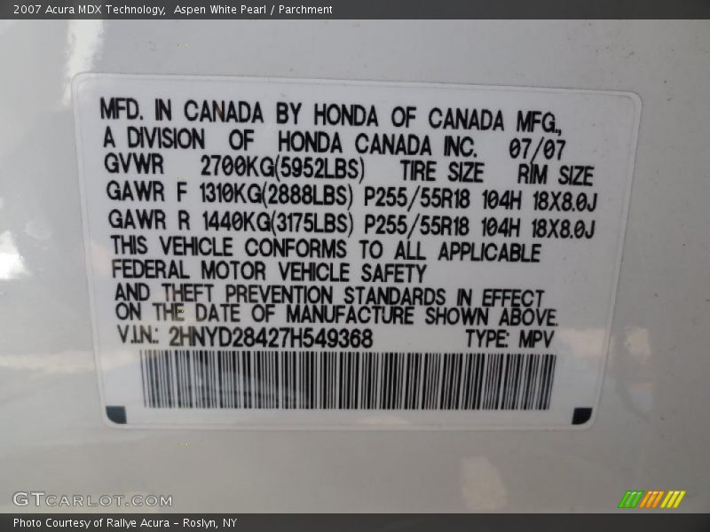 Aspen White Pearl / Parchment 2007 Acura MDX Technology