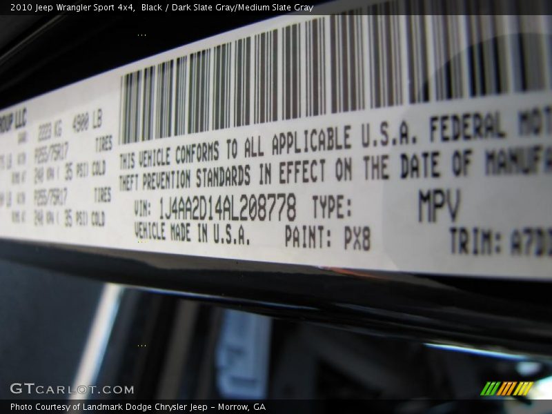Black / Dark Slate Gray/Medium Slate Gray 2010 Jeep Wrangler Sport 4x4