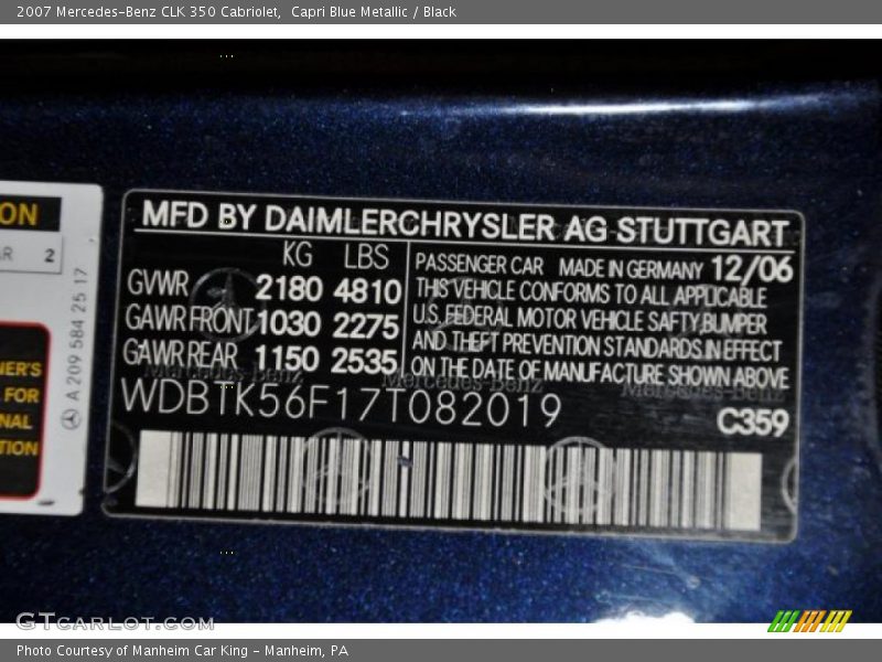 Capri Blue Metallic / Black 2007 Mercedes-Benz CLK 350 Cabriolet