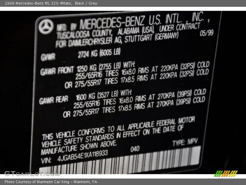 Black / Grey 1999 Mercedes-Benz ML 320 4Matic