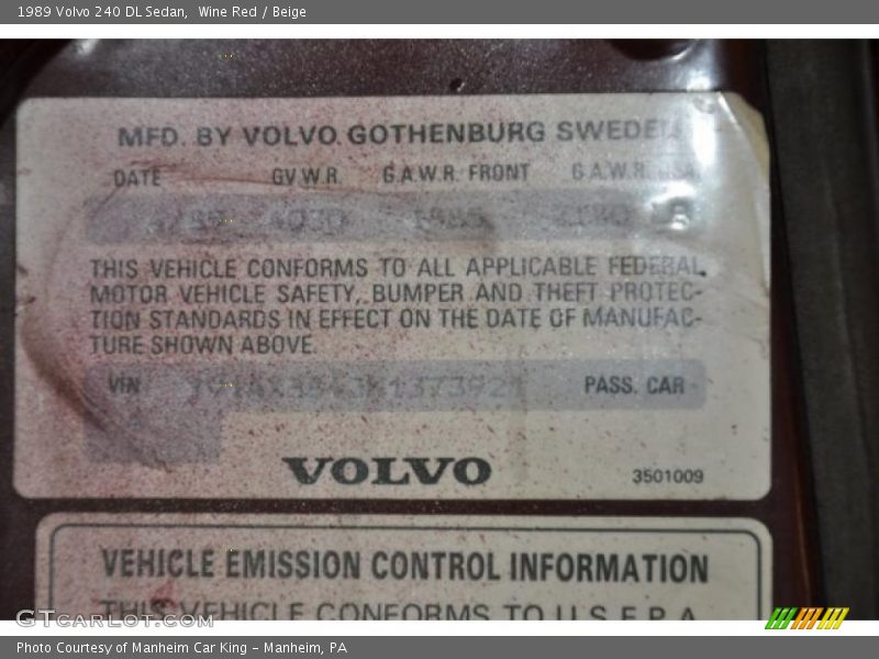 Wine Red / Beige 1989 Volvo 240 DL Sedan