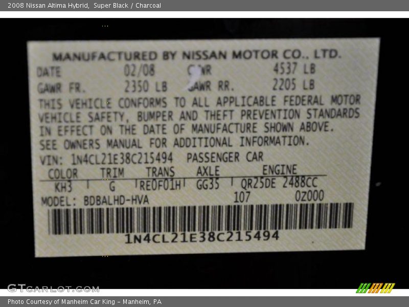 Super Black / Charcoal 2008 Nissan Altima Hybrid