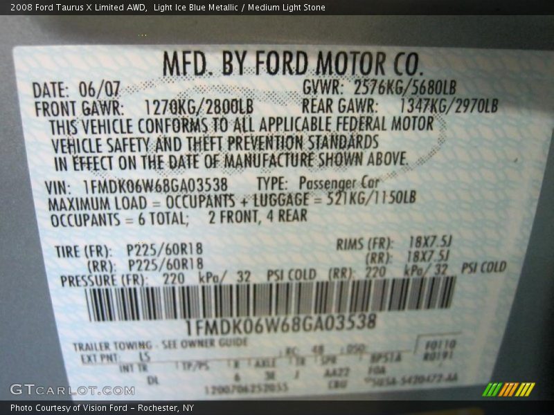 Light Ice Blue Metallic / Medium Light Stone 2008 Ford Taurus X Limited AWD