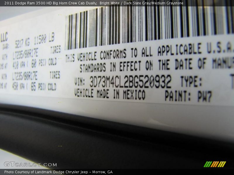 Bright White / Dark Slate Gray/Medium Graystone 2011 Dodge Ram 3500 HD Big Horn Crew Cab Dually