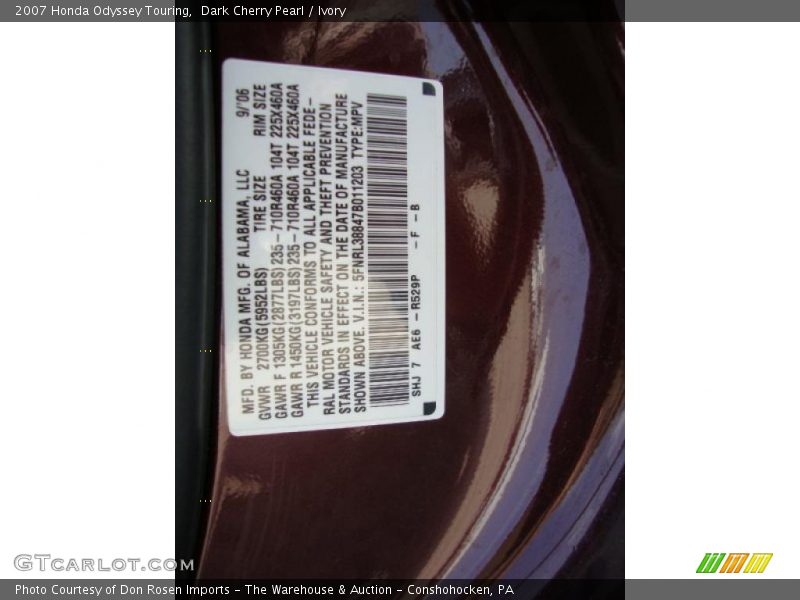 Dark Cherry Pearl / Ivory 2007 Honda Odyssey Touring