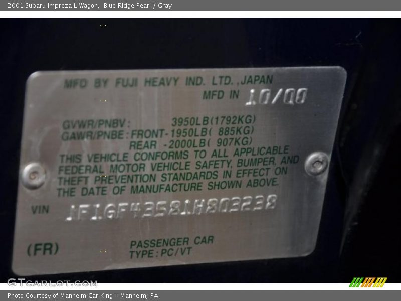 Blue Ridge Pearl / Gray 2001 Subaru Impreza L Wagon