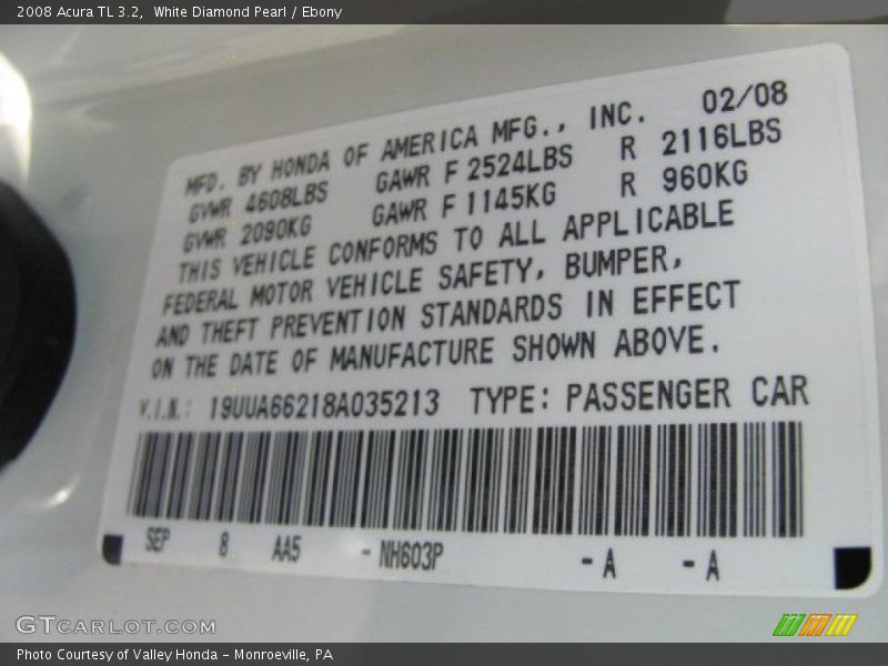 White Diamond Pearl / Ebony 2008 Acura TL 3.2
