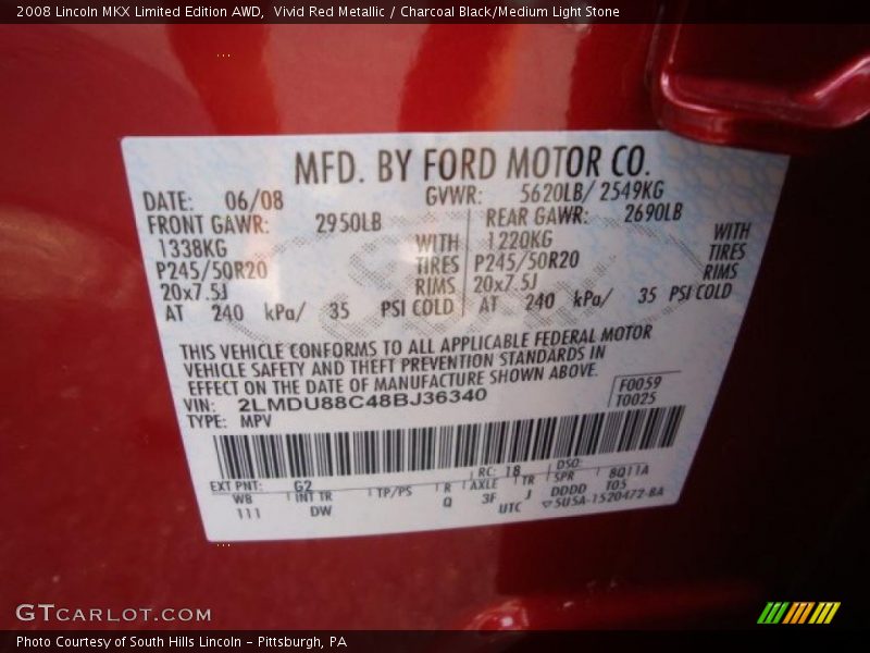 Vivid Red Metallic / Charcoal Black/Medium Light Stone 2008 Lincoln MKX Limited Edition AWD