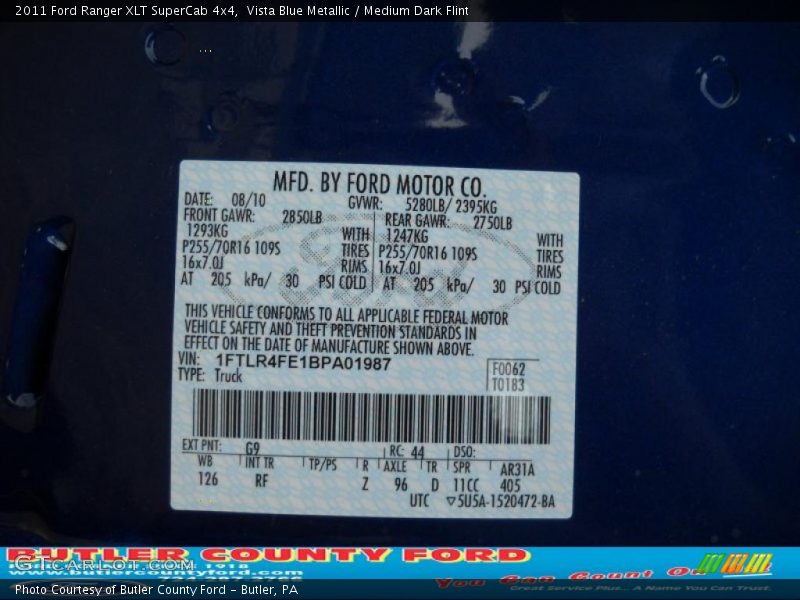 Vista Blue Metallic / Medium Dark Flint 2011 Ford Ranger XLT SuperCab 4x4