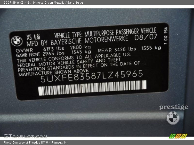 Mineral Green Metallic / Sand Beige 2007 BMW X5 4.8i