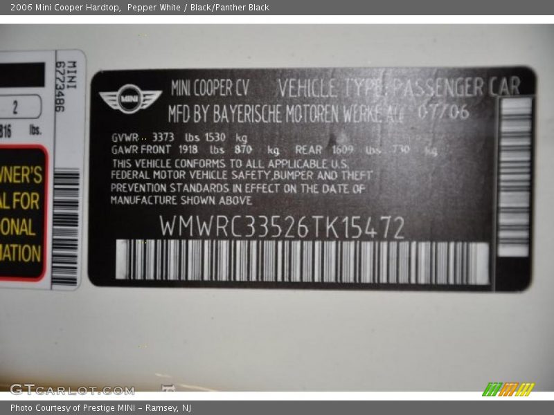 Pepper White / Black/Panther Black 2006 Mini Cooper Hardtop