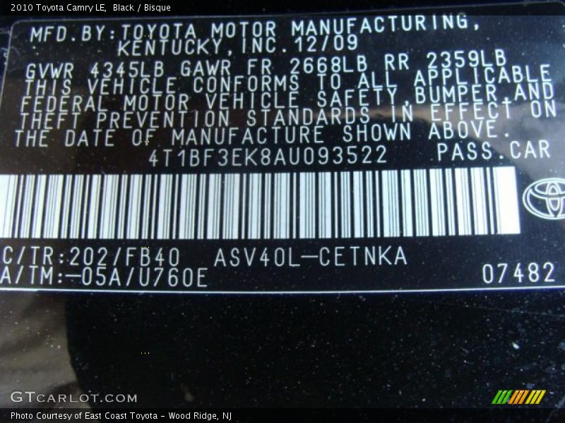 Black / Bisque 2010 Toyota Camry LE