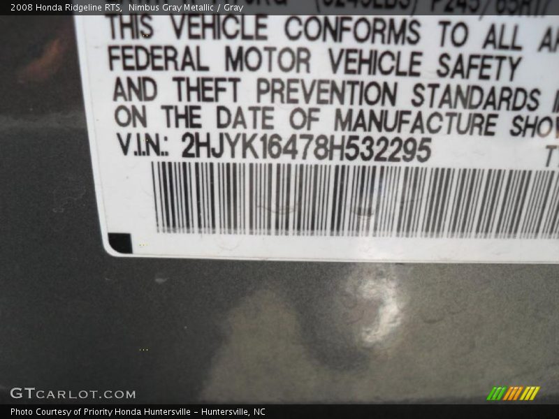 Nimbus Gray Metallic / Gray 2008 Honda Ridgeline RTS
