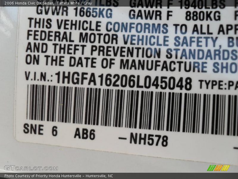 Taffeta White / Gray 2006 Honda Civic DX Sedan
