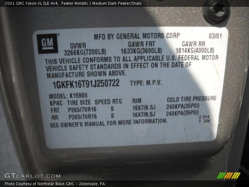 Pewter Metallic / Medium Dark Pewter/Shale 2001 GMC Yukon XL SLE 4x4