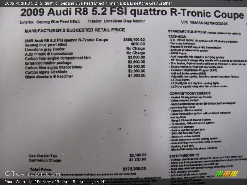  2009 R8 5.2 FSI quattro Window Sticker