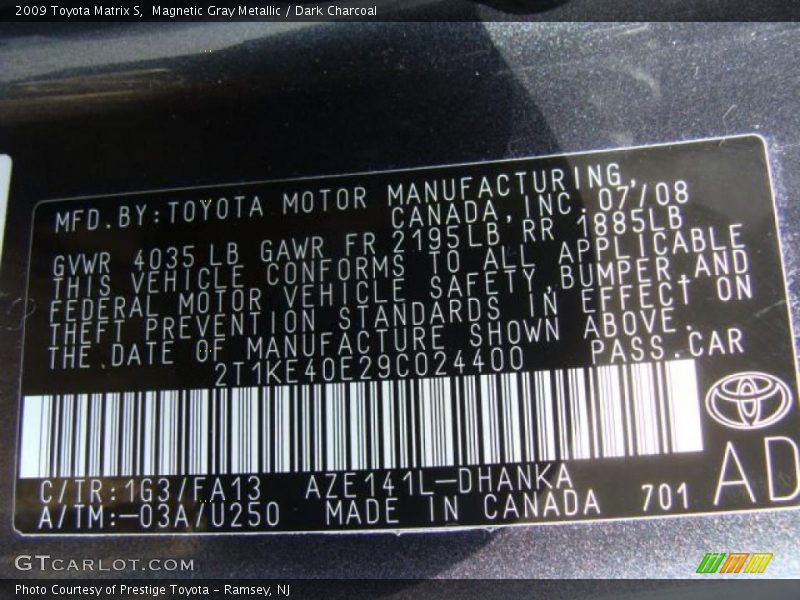 Magnetic Gray Metallic / Dark Charcoal 2009 Toyota Matrix S