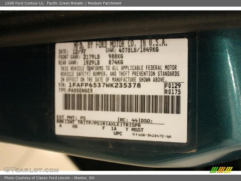 Pacific Green Metallic / Medium Parchment 1998 Ford Contour LX