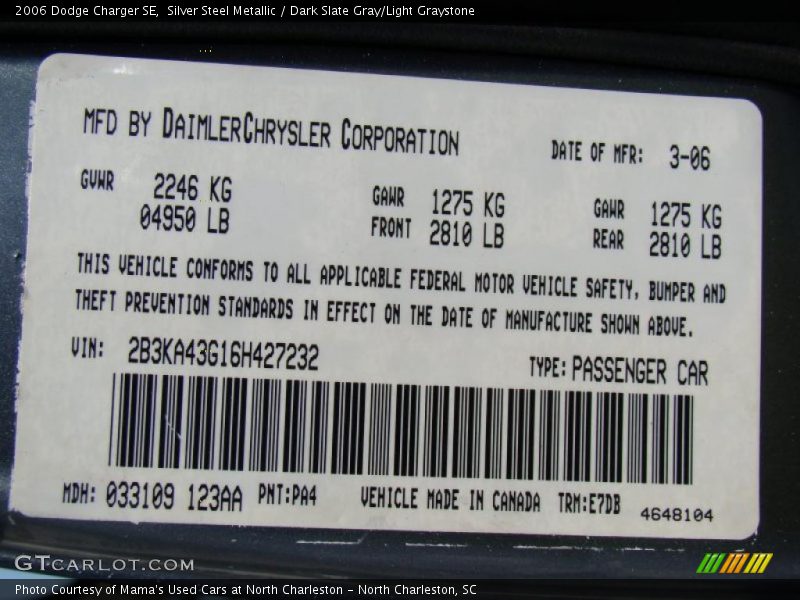 Silver Steel Metallic / Dark Slate Gray/Light Graystone 2006 Dodge Charger SE