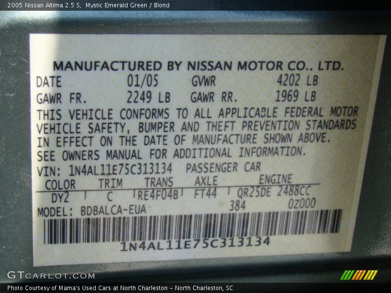 Mystic Emerald Green / Blond 2005 Nissan Altima 2.5 S