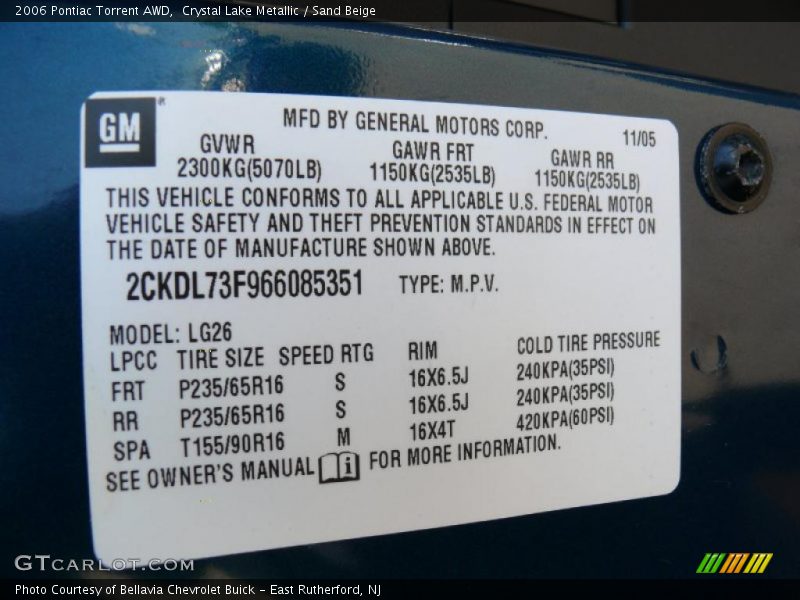 Crystal Lake Metallic / Sand Beige 2006 Pontiac Torrent AWD